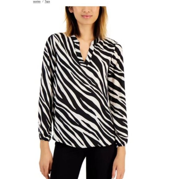 Anne Klein Womens Zebra Print split Neck Blouse size 2X plus black new $89 - Picture 1 of 8